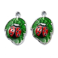 Платина Стойки обшивки сплава эмали подвески, без никеля , листик с подвеской в виде божьей коровки, платина, 22x14.5x3.5 мм, отверстие : 1.6 мм