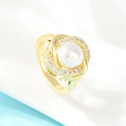 Настоящее золото 18K Кольца для женщин с микропаве из латуни и кубическими цирконами, круглые, с абс пластмассовой имитационной жемчужиной, реальный 18 k позолоченный, 15.5 мм, размер США 5 3/4 (16.3 мм)