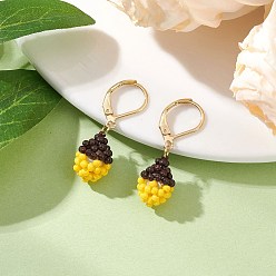 Желтый Серьги из стеклянных бусин ручной работы с застежкой-молнией, желудь, с выпечкой окрашены перламутровым стеклом круглые бусины, золотые, желтые, 31x9.5 мм