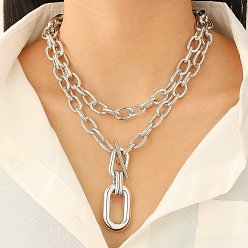 Платина Ожерелья из сплава с двухслойной овальной подвеской, платина, 14.37~21.26 дюйм (36.5~54 см), 2 шт / комплект
