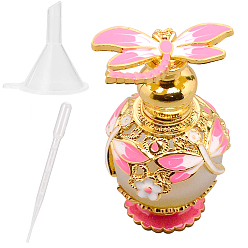 Pink 1Pc Glass Openable Perfume Bottle, Refillable Bottles, with Alloy Enamel Findings, Dragonfly, Golden, 1Pc Plastic Funnel & 1Pc Disposable Plastic Transfer Pipettes, Pink, 4.1x7.2cm, capacity: 15ml(0.5 fl. oz)