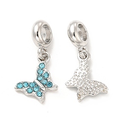 Aquamarine Rack Plating Alloy Rhinestone European Dangle Charms, Large Hole Charms, Butterfly, Platinum, Aquamarine, 25~26.5mm, Butterfly: 15~16x9.5~12.5x2.5mm, Hole: 4.5~5mm