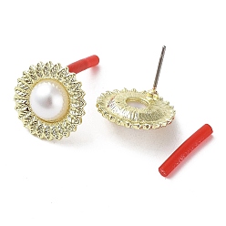Golden Rack Plating Alloy Flower Stud Earrings with ABS Pearl Beaded and 304 Stainless Steel Pin, Cadmium Free & Nickel Free & Lead Free, Golden, 16mm, Pin: 0.6mm
