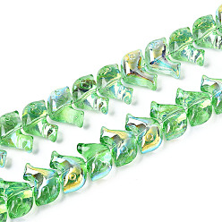 Зеленый лайм Гальваническое покрытие, прозрачные стеклянные бусины, нити, дельфин, с половиным покрытием, зеленый лайм, 10.5x15.5~16x7~7.5 мм, отверстие : 0.9~1 мм, около 69~71 шт / нитка, 24.02~24.41 дюйм (61~62 см)