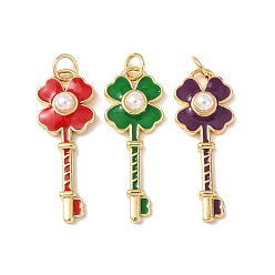 (52) Непрозрачная лаванда Латунь эмаль подвески, с abs имитационными жемчужными бусинами , клевер ключ прелести, без кадмия и без свинца, стойки покрытие, долговечный, с целью перехода в кольце, разноцветные, 28.5x11.5x5 мм, отверстие : 3 мм