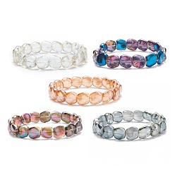 Mixed Color Rectangle Glass Beaded Stretch Bracelet for Women, Mixed Color, Inner Diameter: 2-1/4 inch(5.7cm)