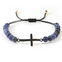 Ляпис-Лазурь Браслеты из бисера с круглыми бусинами из натурального лазурита, браслеты с подвесками крест для мужчин