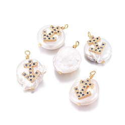 Sagittarius Natural Cultured Freshwater Pearl Pendants, with Brass Micro Pave Cubic Zirconia Findings, Nuggets with Constellation, Golden, Marine Blue, Sagittarius, 17~22x11~16x5~11mm, Hole: 1.6mm