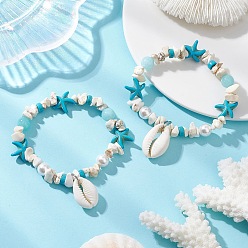 Смешанные камни Браслеты с подвесками из натуральных ракушек каури, Женские эластичные браслеты из натурального белого нефрита, синтетической бирюзы и жемчуга, украшенные перламутровыми бусинами., раковина и морская звезда, внутренний диаметр: 1.77 дюйм (4.5 см)