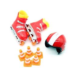 Красный Мини-пластиковые наборы коньков, включая обувь, шлем и дорожный конус, миниатюрные украшения, аксессуары для кукольного домика в микроландшафтном саду, красные, 46x60x20 мм