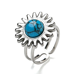 Нержавеющая Сталь Цвет Солнце 304 открытые манжеты из нержавеющей стали, кольца на палец с синтетической бирюзой для женщин и мужчин, цвет нержавеющей стали, регулируемый