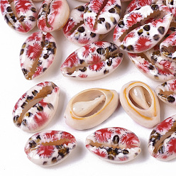 Rouge Perles de coquillage cauri naturel imprimées, pas de trous / non percés, avec motif de fleurs, rouge, 18~25x12~15x7mm
