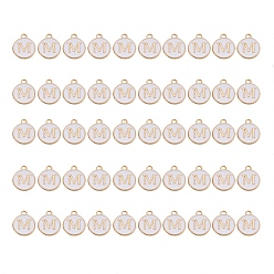 Letter M Подвески из позолоченного сплава, с эмалью, эмалированные блестки, плоско-круглые, белые, letter.m, 14x12x2 мм, отверстие : 1.5 мм, 50 шт / коробка