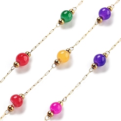 Разноцветный Круглые цепочки ручной работы из окрашенного натурального малайзийского нефрита с бусинами, с ионным покрытием (ip) 304 цепи из скрепок из нержавеющей стали, несварные, реальный 18 k позолоченный, красочный, 2.2x1x0.5 мм