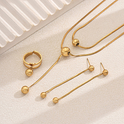 Золотой Комплекты из двухслойных круглых ожерелий, серег и колец из нержавеющей стали для женщин, для повседневной носки и вечеринок, золотые, ожерелья: 15.75 дюйм (40 см)