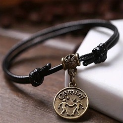 Близнецы Сплав плоский круглый с подвесками в виде созвездий двухслойный черный шнурок из искусственной кожи регулируемые браслеты на щиколотку, античная бронза, Близнецы, внутренний диаметр: 2-3/4~4-3/4 дюйм (70~120 мм)
