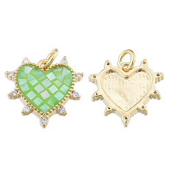 Light Green Brass Micro Pave Clear Cubic Zirconia Pendants, with Jump Rings and Shell, Enamel, Real 18K Gold Plated, Nickel Free, Heart, Light Green, 15.5x15.5x3mm, Jump Ring: 5x1mm, 3mm inner diameter