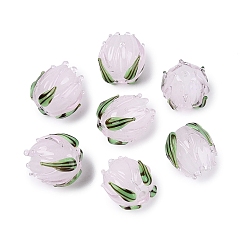 Lavender Blush Handmade Lampwork Beads, Tulip with Leaf, Lavender Blush, 13~15x12~14x12~14mm, Hole: 1~1.6mm