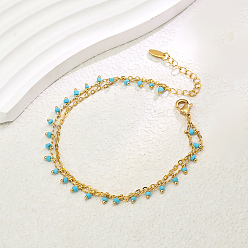 Темно-Голубой Модные женские браслеты на щиколотку в винтажном стиле из латуни с круглыми кисточками, двухслойные, регулируемые, реальный 18 k позолоченный, глубокое синее небо, 8-1/4 дюйм (210 мм)