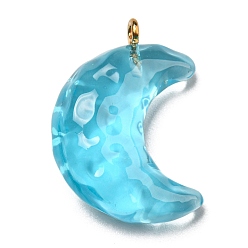 Deep Sky Blue Transparent Resin Moon Pendants, Crescent Moon Charms with Light Gold Plated Iron Loops, Deep Sky Blue, 28x20x9.5mm, Hole: 1.8mm