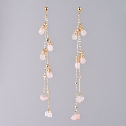 Розовый Кварц Натуральный драгоценный камень болтается серьги, С 304 результатами из нержавеющей стали, латунные кабельные цепи, ушные гайки и шкатулка, 120 мм, штифты : 0.8 мм