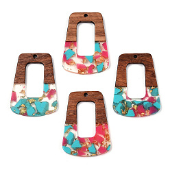 Камелия Подвески из прозрачной смолы и ореха, золотой фольгой, трапециевидные подвески, камелия, 37.5x27x3 мм, отверстие : 2 мм