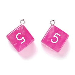 Fuchsia Transparent Acrylic Pendants, with Iron Finding, Dice, Fuchsia, 28x21x16mm, Hole: 2mm