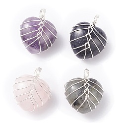 Mixed Stone Natural & Synthetic Gemstone Pendants, with Silver Tone Copper Wire Wrapped, Heart, 25.5x21x17mm, Hole: 6mm