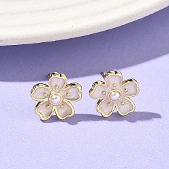 Белый Серьги-гвоздики с цветочным рисунком из латуни и АБС-пластика с жемчугом, с эмалью, без кадмия и без свинца, долговечный, стойки покрытие, реальный 18 k позолоченный, белые, 12.5x13 мм
