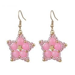 Желтый Нефрит Серьги-подвески из окрашенного натурального желтого нефрита, со стеклянными бусинами и 304 крючками для сережек из нержавеющей стали, звезда, 46x27 мм