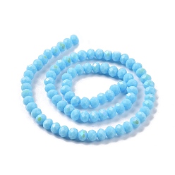 Sky Blue Electroplate Opaque Solid Color Glass Beads Strands, Half Rainbow Plated, Faceted, Rondelle, Sky Blue, 8x6mm, Hole: 1mm, about 65~68pcs/strand, 15.7~16.1 inch(40~41cm)