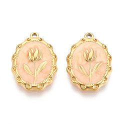 Фора 304 нержавеющей стальной эмали подвески, реальный 18 k позолоченный, овал с цветочной подвеской, ионное покрытие (ip), оранжевые, 21.5x15.5x3 мм, отверстие : 1.5 мм