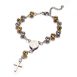 Золотой & Цвет Нержавеющей Стали Четки браслеты из бисера с крестом, 201 браслет из нержавеющей стали для пасхи, овальные с рисунками " virgin mary", золотые и нержавеющая сталь цвет, 9 дюйм (230 мм)