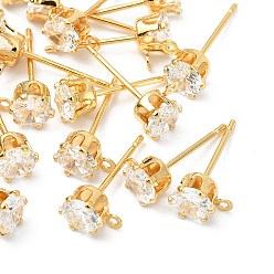 Real 18K Gold Plated SHEGRACE Brass Clear Cubic Zirconia Flat Round Stud Earring Findings, Cadmium Free & Nickel Free & Lead Free, with Loop, Real 18K Gold Plated, 8x6mm, Hole: 1mm