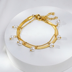 Настоящее золото 18K Модные двухслойные браслеты из нержавеющей стали с цепочками в елочку и панцирным плетением, Пластиковые браслеты с имитацией жемчуга для женщин, реальный 18 k позолоченный, 6-3/4 дюйм (17 см)