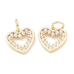 Golden Brass Clear Cubic Zirconia Charms, Long-Lasting Plated, with Jump Ring, Heart, Golden, 10.5x11x2mm, Hole: 3.5mm