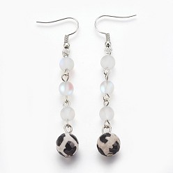 White Synthetic Moonstone Beads and Natural Agate Beads Dangle Earrings, with Metal Findings, Round, Platinum, White, 69mm, Pin: 0.6mm