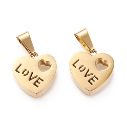 Golden Valentine's Day Ion Plating(IP) 304 Stainless Steel Charms, Hollow, Manual Polishing, Heart with Word Love, Golden, 14.5x13.5x3.5mm, Hole: 3x7mm