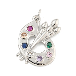Платина Стойки покрытие латунь проложить красочные кубический цирконий подвески, Подвески из палитры для рисования с прыгающим кольцом, долговечный, без кадмия и без свинца, платина, 22x16x2.5 мм, отверстие : 3 мм