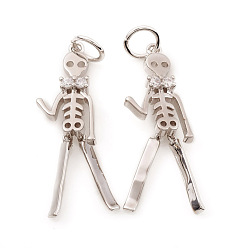 Платинированный Кулоны из латуни на Хэллоуин с кубическим цирконием, с целью перехода в кольце, скелет человека, прозрачные, Реальная платина, 24x7.5x3 мм, отверстие : 3.5 мм