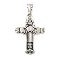 Античное Серебро 316 хирургические подвески из нержавеющей стали, крест с подвеской в виде сердца, античное серебро, 41x28.5x3 мм, отверстие : 4.5x8 мм