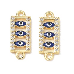 Dark Blue Brass Micro Pave Clear Cubic Zirconia Connector Charms, Rectangle with Evil Eye Links, with Enamel, Long-Lasting Plated, Rack Plating, Lead Free & Cadmium Free, Real 18K Gold Plated, Dark Blue, 19x7.5x2mm, Hole: 1.4mm
