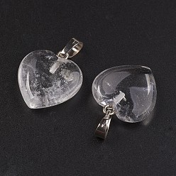 Quartz Crystal Natural Quartz Crystal Pendants, Rock Crystal Pendants, Heart, with Brass Findings, Platinum, 22~23x20~20.5x6~7.5mm, Hole: 5x8mm