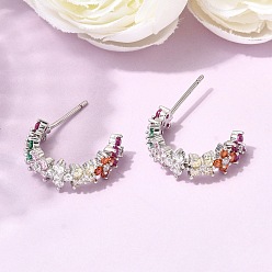 Платина Серьги-гвоздики из латуни в форме буквы С с микропаве из кубического циркония, долговечный, стойки покрытие, без свинца и без кадмия, платина, 17.5x5.5 мм