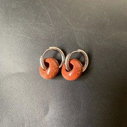 Камень с Пылевым Золотом 304 Серьги-кольца из нержавеющей стали и синтетического золотистого камня в форме ронделя, цвет нержавеющей стали, 20x8 мм