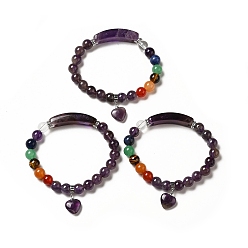 Amethyst Stretcharmband aus natürlichen Amethysten und gemischten Edelsteinperlen mit Herzanhänger für Damen, Innendurchmesser: 2-1/8 Zoll (5.5 cm)