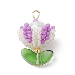 Фиолетовый Подвески из нейлоновой проволоки, стеклянные бусины ручной работы с круглыми стеклянными бусинами и 304 штифтами с плоской головкой из нержавеющей стали, цветок, фиолетовые, 25x15x15 мм, отверстие : 2.5x3 мм