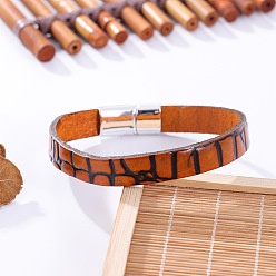 Шоколадный Браслеты из искусственной кожи с тиснением, Ювелирные изделия из сплава с магнитной застежкой для мужчин, платина, прямоугольные, платина, цвет шоколада, 8.46 дюйм (21.5 см)