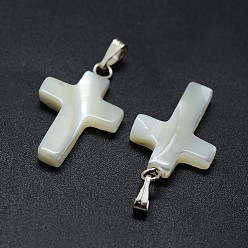 Платина Подвески из раковины, с латунной фурнитурой , крестик, платина, 19~23x11~13x3~5 мм, отверстие : 2x5 мм