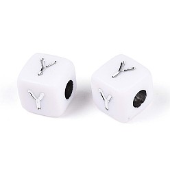 Letter Y Непрозрачные акриловые бусины, куб с письмом, серебристого металла, обвитыми, Письмо Y, 9~10x9~10x9~10 мм, отверстие : 4 мм, Около 625 шт / 500 г